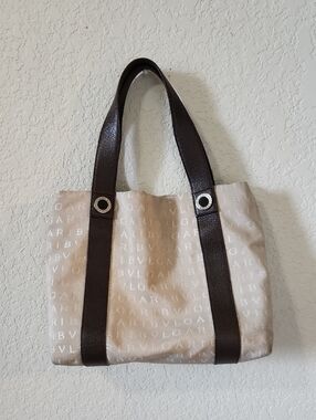 Bvlgari Beige Logo Canvas Tote with Dark Brown Leather Straps